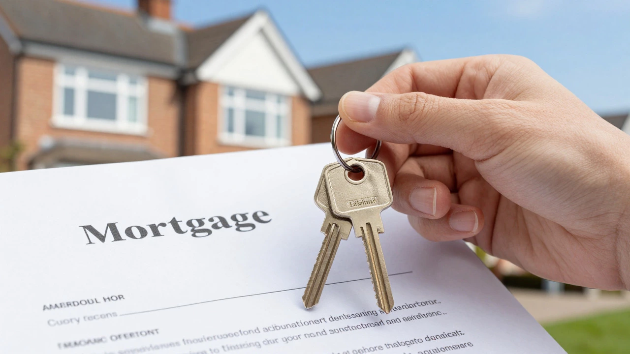 House keys on a mortgage document with a British home in the background