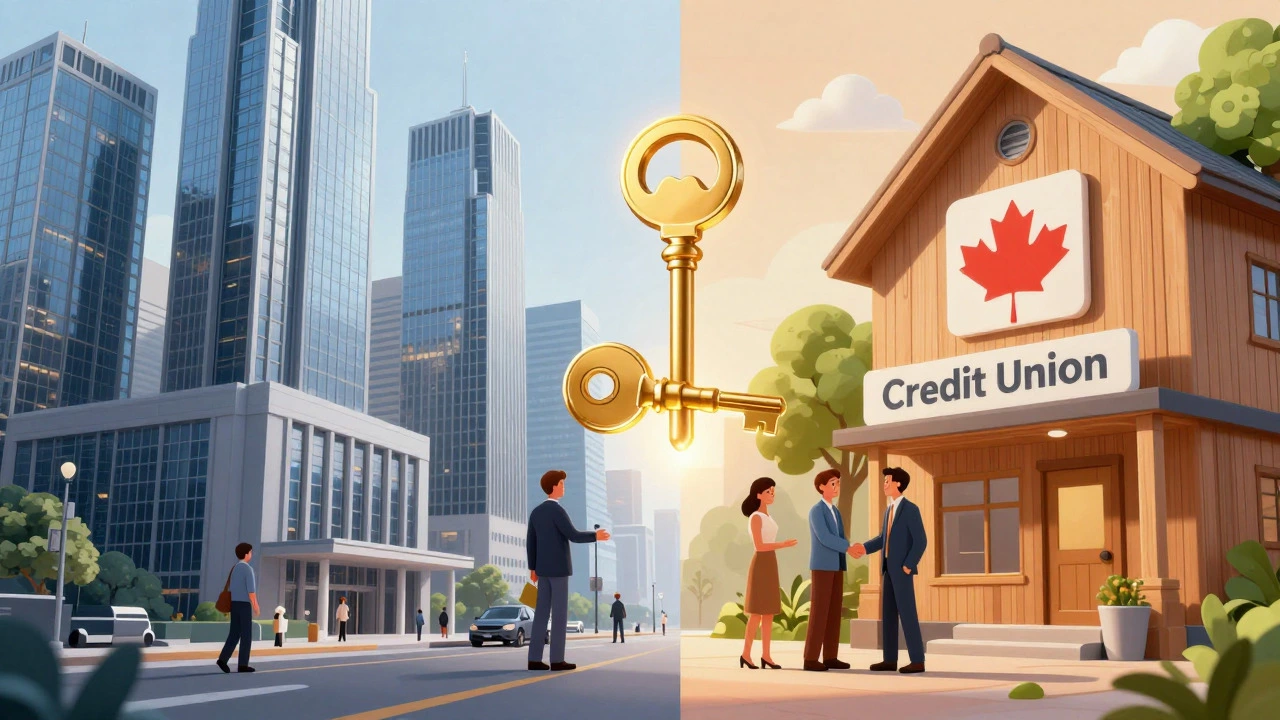 Illustration contrasting cold big banks with warm community credit unions.
