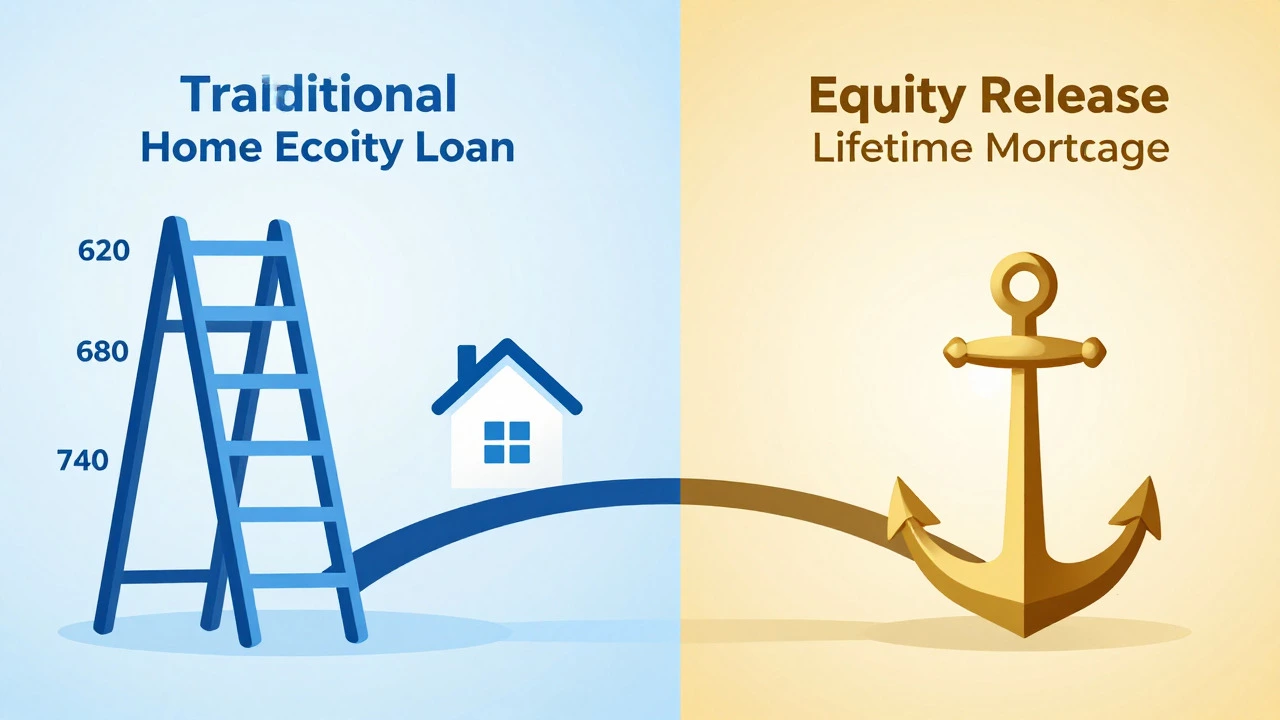 Illustration contrasting credit-score-based loans with age-based equity release