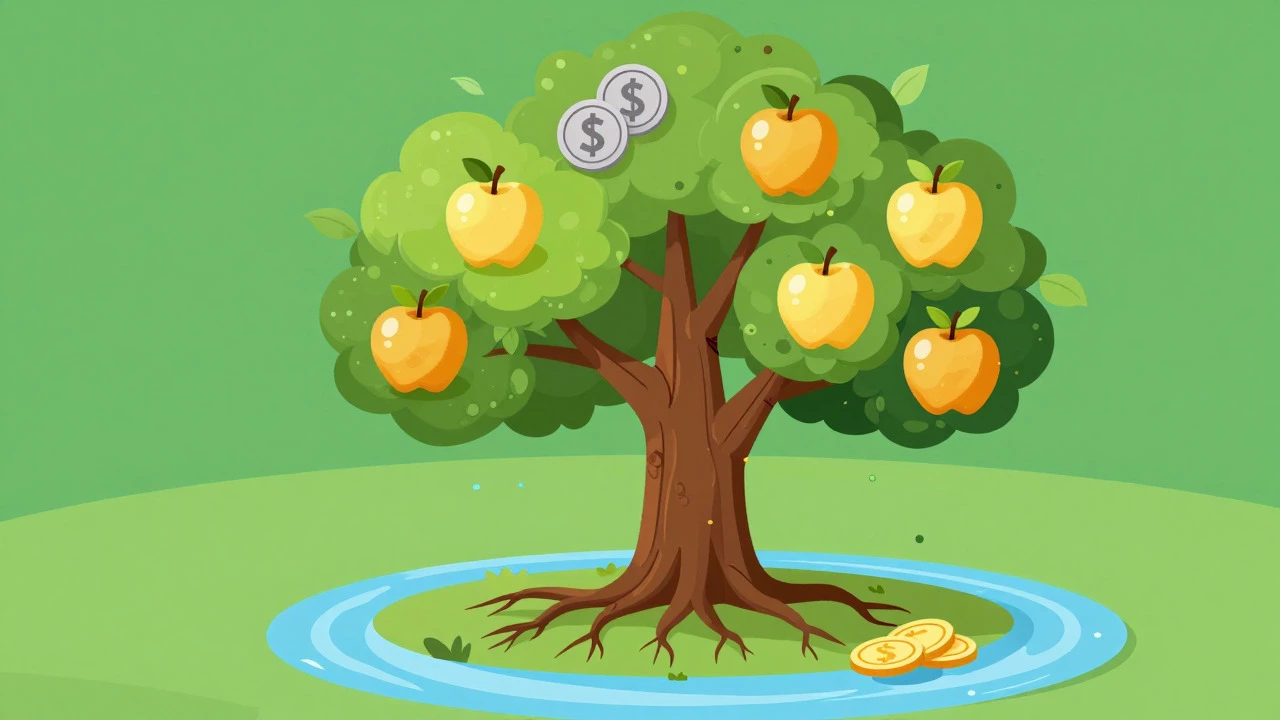 Illustration of an investment tree bearing golden and silver fruits