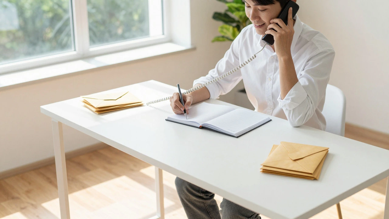 Person making a phone call at a bright, tidy desk