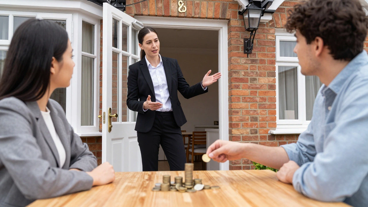 Real estate agent explaining sale proceeds to an heir at a home entrance