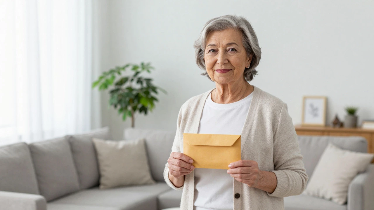 Senior woman smiling while holding a pension payment envelope in her home