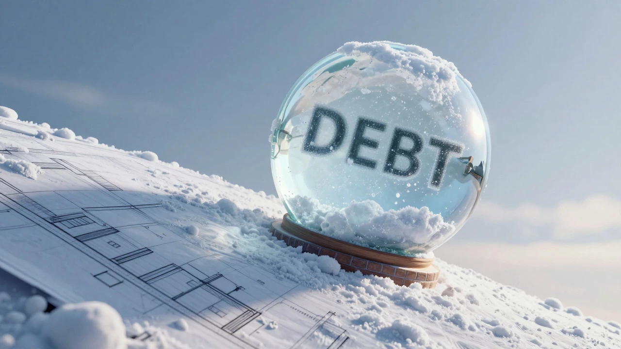 Snowball rolling down a blueprint slope symbolizing compound interest