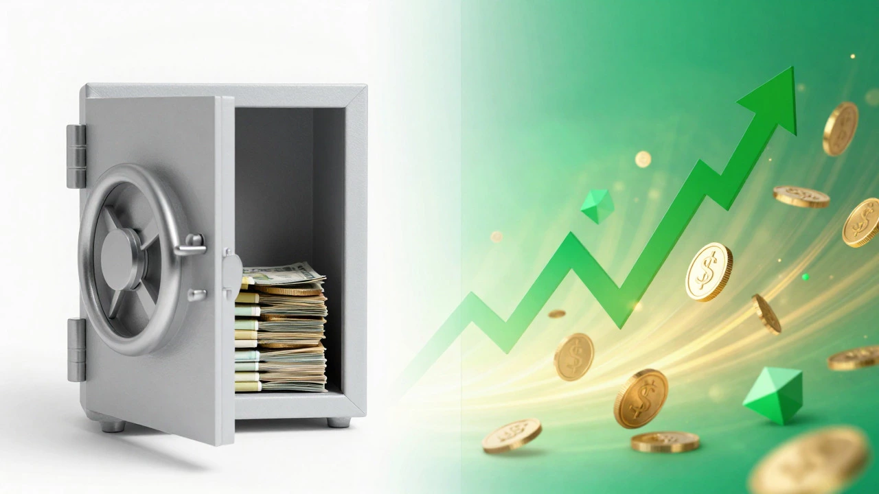 Split image showing secure cash vault on left and dynamic stock growth graphics on right