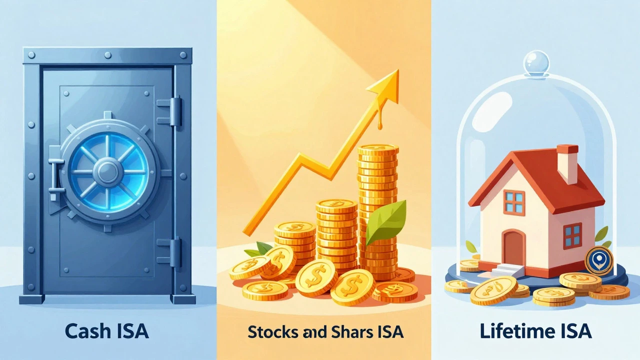 Three-panel graphic comparing Cash, Stocks, and Lifetime ISAs visually
