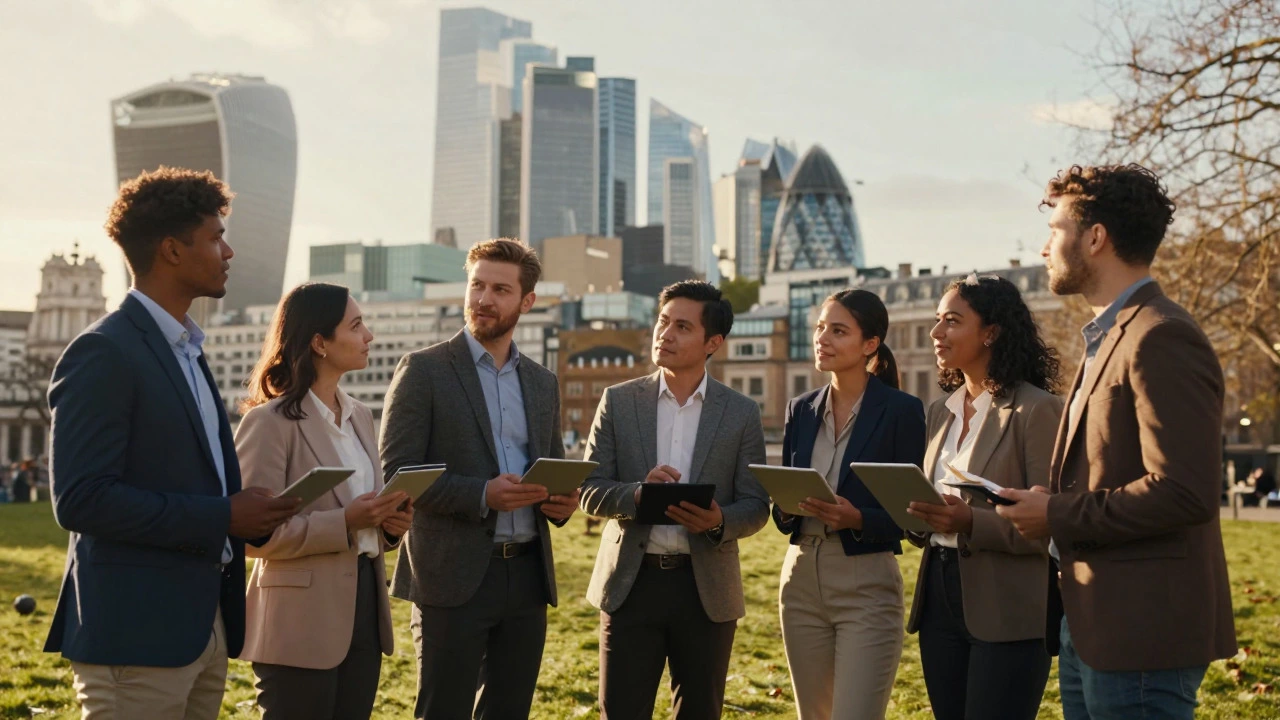 Young people discussing financial plans with London skyline in background