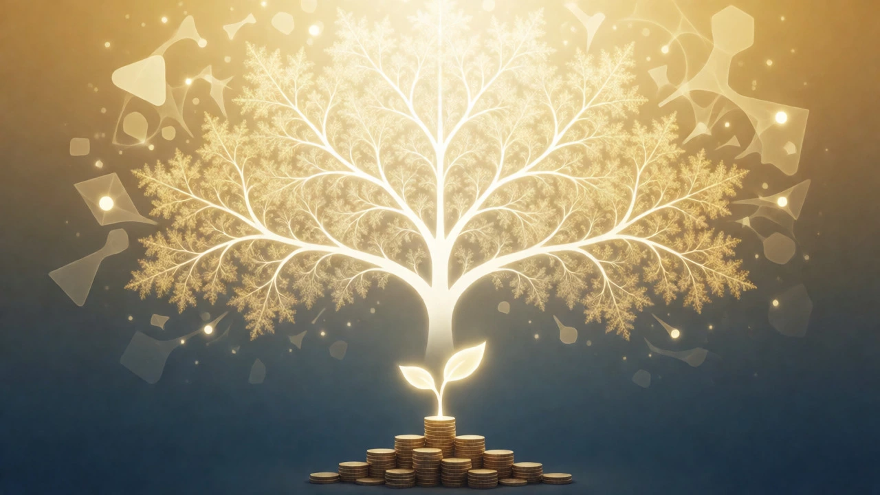 Abstract visualization of compound interest growing like a luminous tree