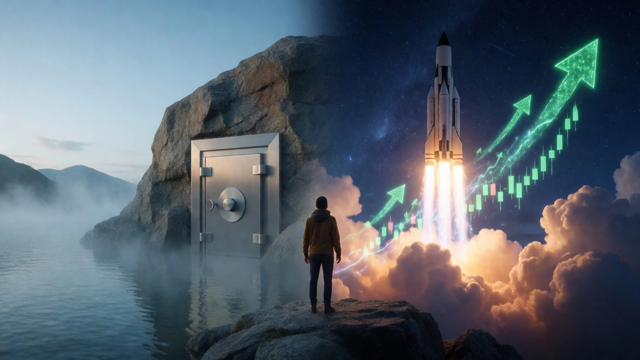 Artistic split screen comparing secure savings vaults and investing rockets