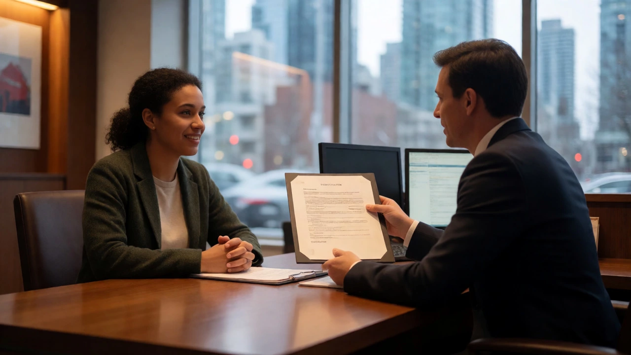 Client discussing loan options with a bank advisor in a modern office.