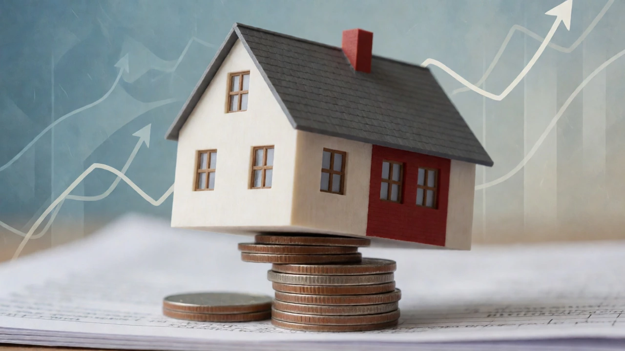 Conceptual image of a house balancing on coins and papers representing mortgage risks.