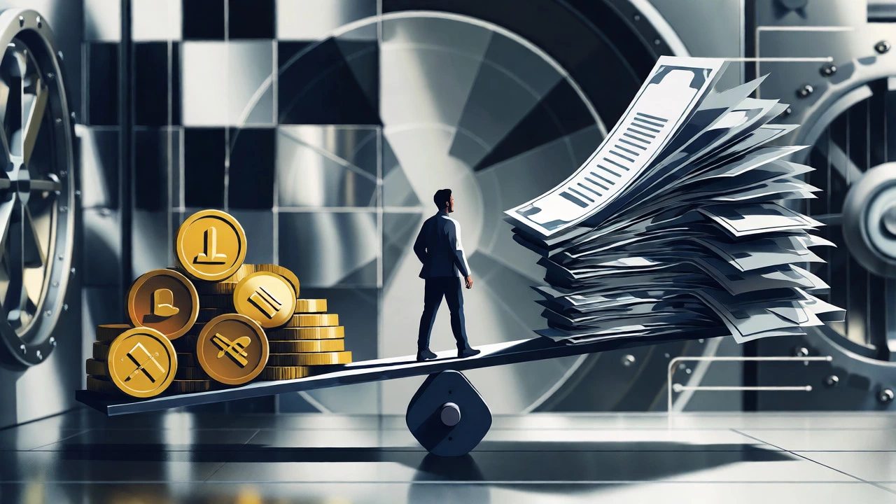 Conceptual image showing debt outweighing income on a precarious balance scale.
