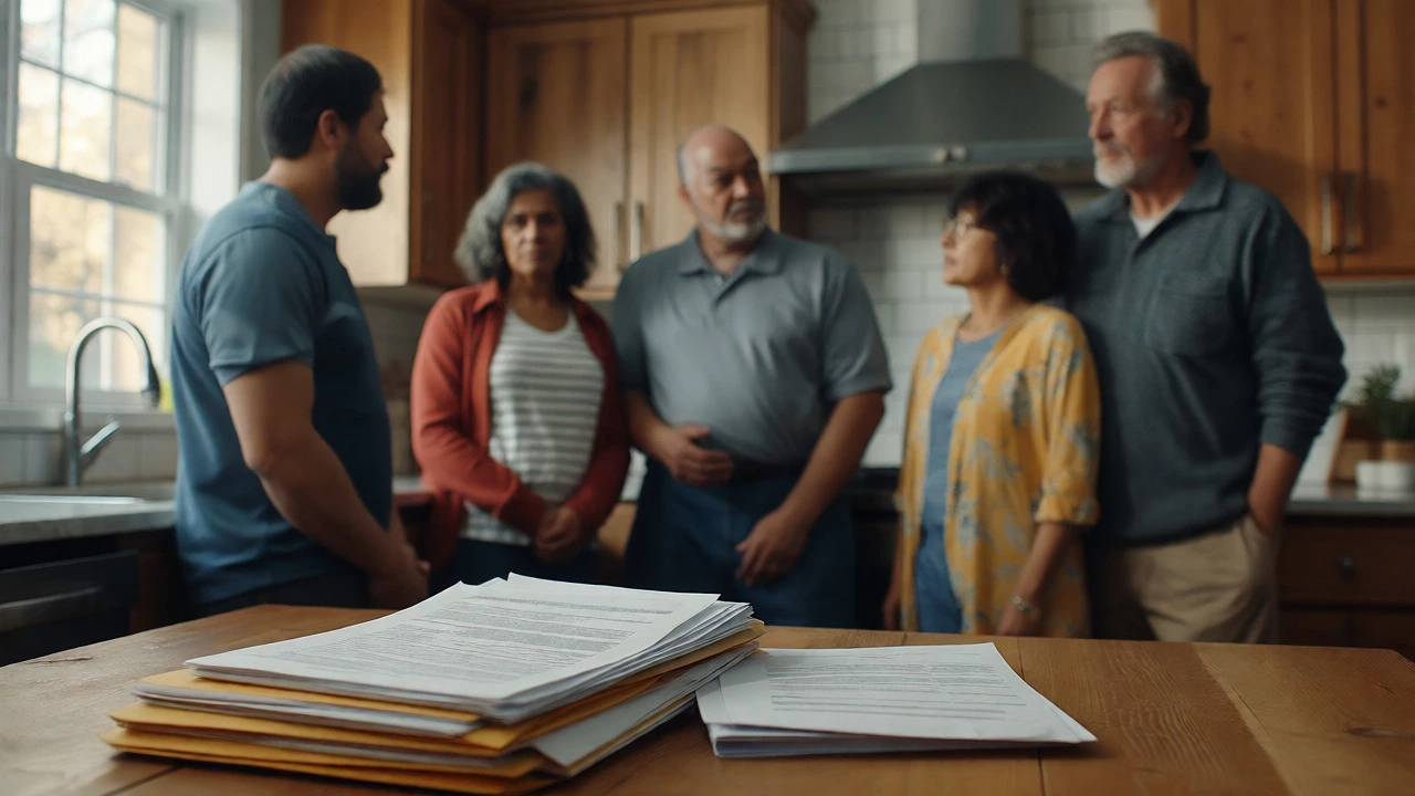 Family discussing pension documents in a modern kitchen