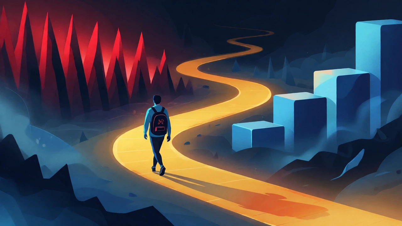 Figure walking a golden path between debt spikes and savings blocks