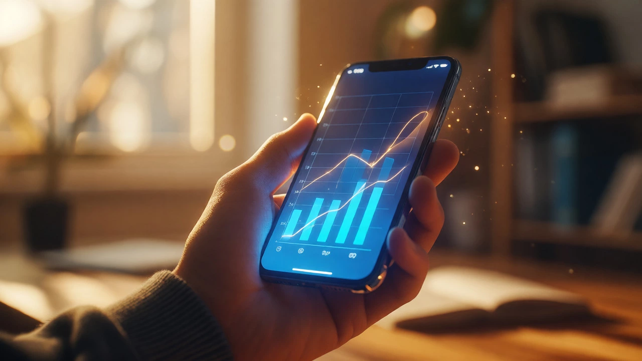 Hand holding smartphone with growing chart interface, surrounded by golden interest particles in sunlight.