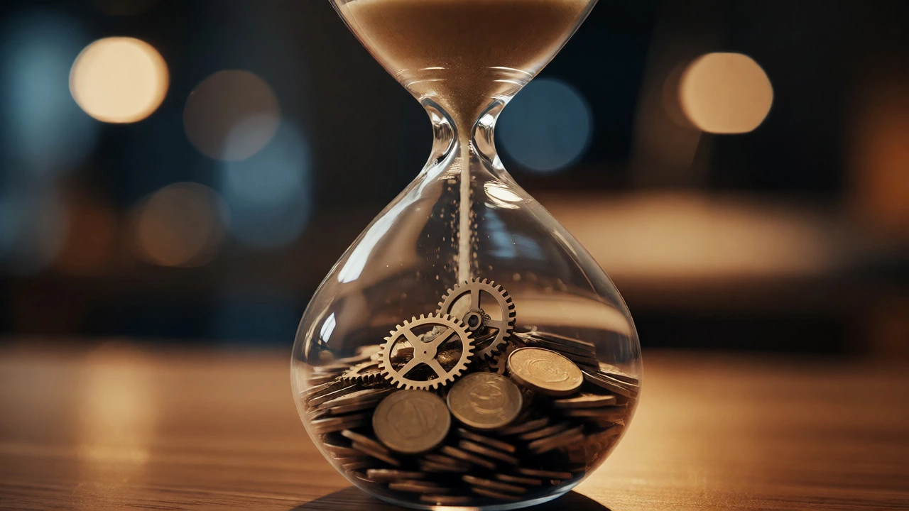 Hourglass transforming time into gears and coins symbolizing compound interest