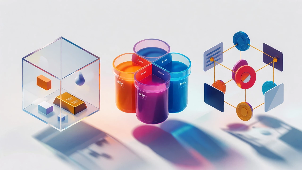 Isometric view of three conceptual models: minimalist cube, segmented buckets, and connected card network.