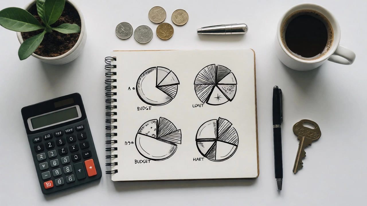 Minimalist desk with notebook, calculator, and coffee in flat lay