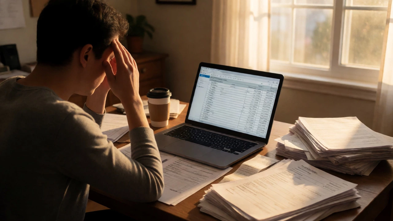Self-employed person stressed over tax documents and income verification at a desk.