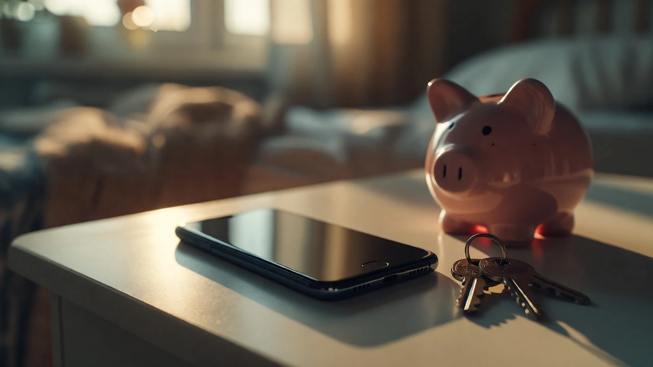 Smartphone, piggy bank, and keys on a bedside table in soft morning light