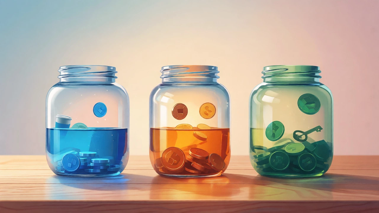 Three glass jars representing needs, wants, and savings with floating coins
