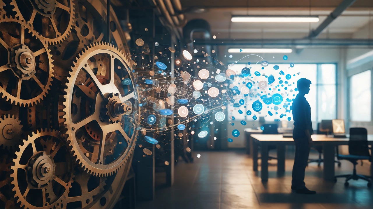 Visual transition from rigid pension mechanics to flexible digital retirement savings