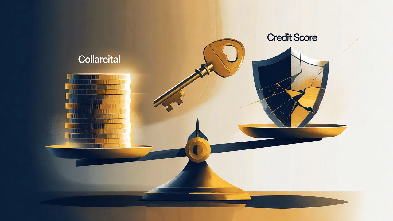 Balance scale weighing collateral against credit score
