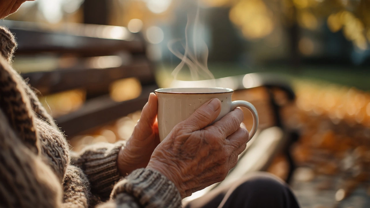 Close-up of senior hands holding a warm tea mug, symbolizing financial peace.