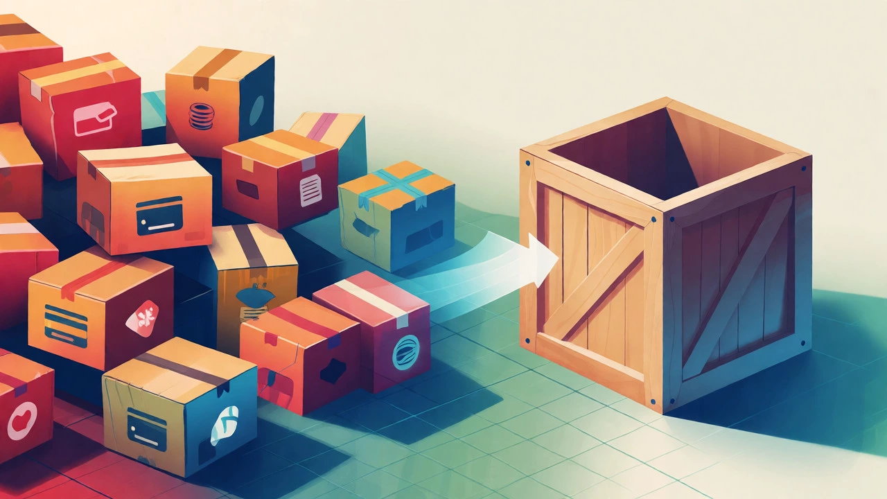 Conceptual art showing many small boxes merging into one large crate