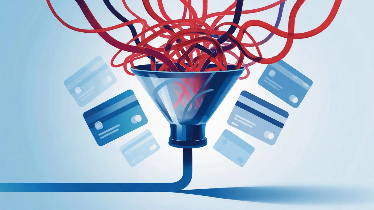 Conceptual illustration showing tangled red threads merging into a single blue line via a funnel.