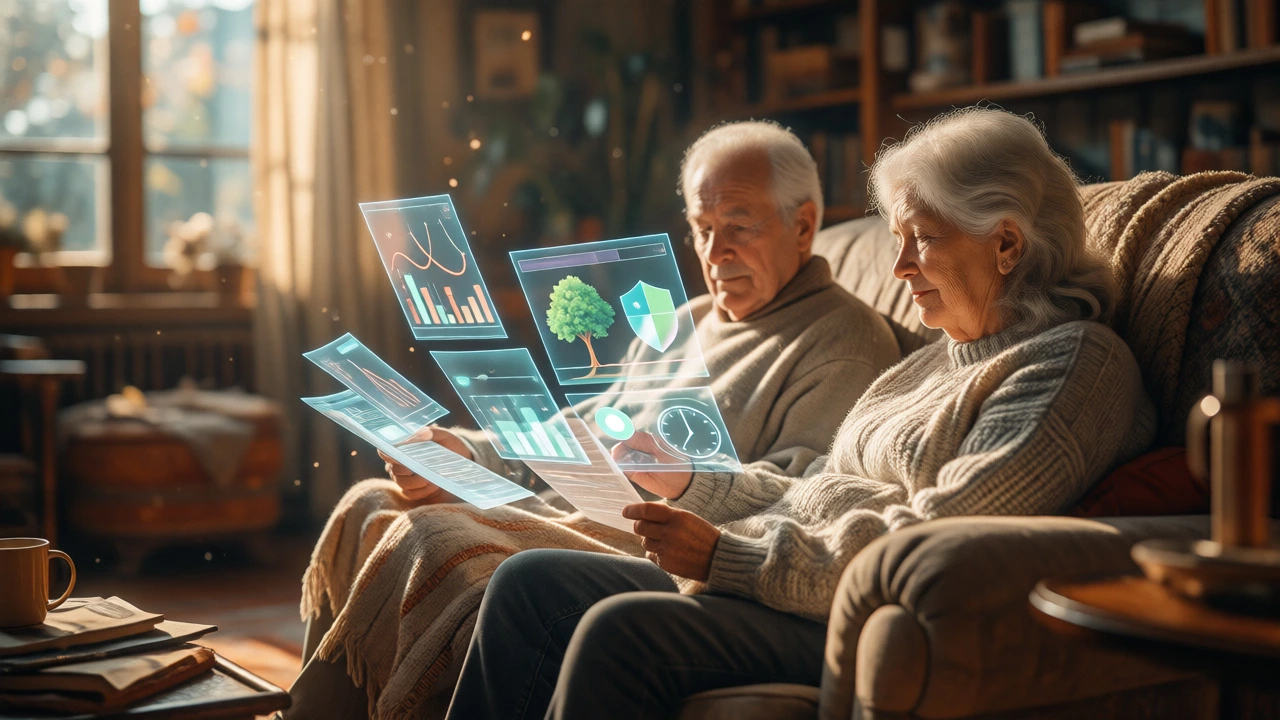 Elderly couple reviewing holographic financial projections in sunny room.