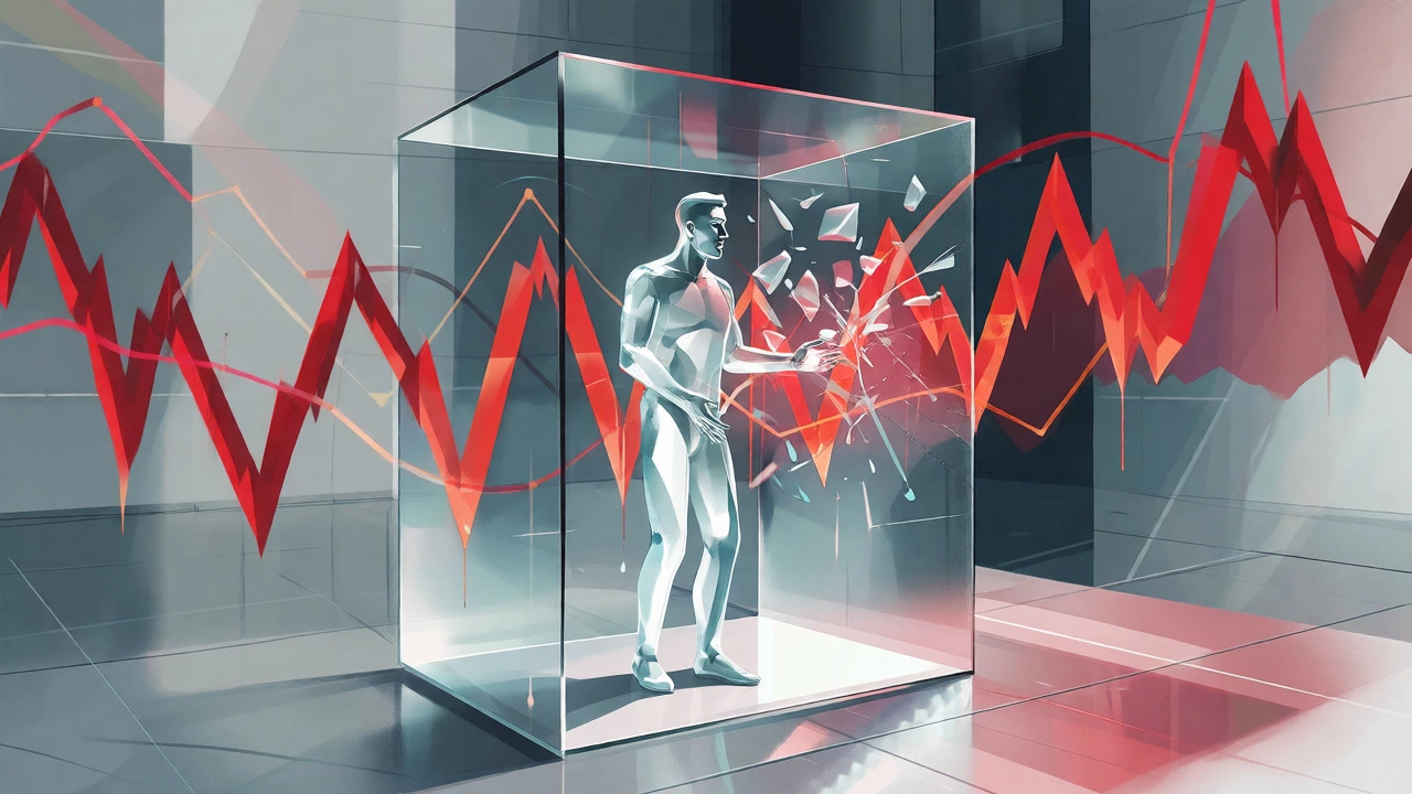 Glass figure in a box surrounded by volatile market lines, illustrating investment risk.