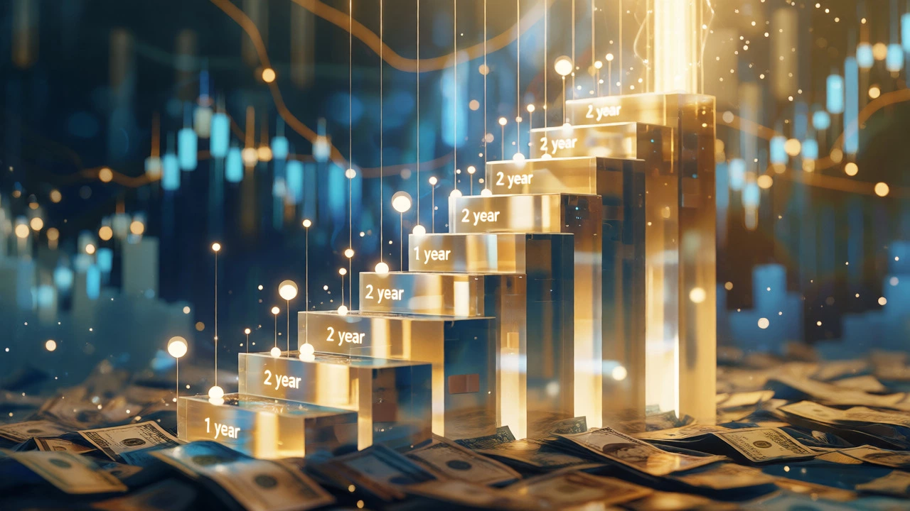 Golden staircase made of blocks rising into a skyline, symbolizing a CD ladder strategy.