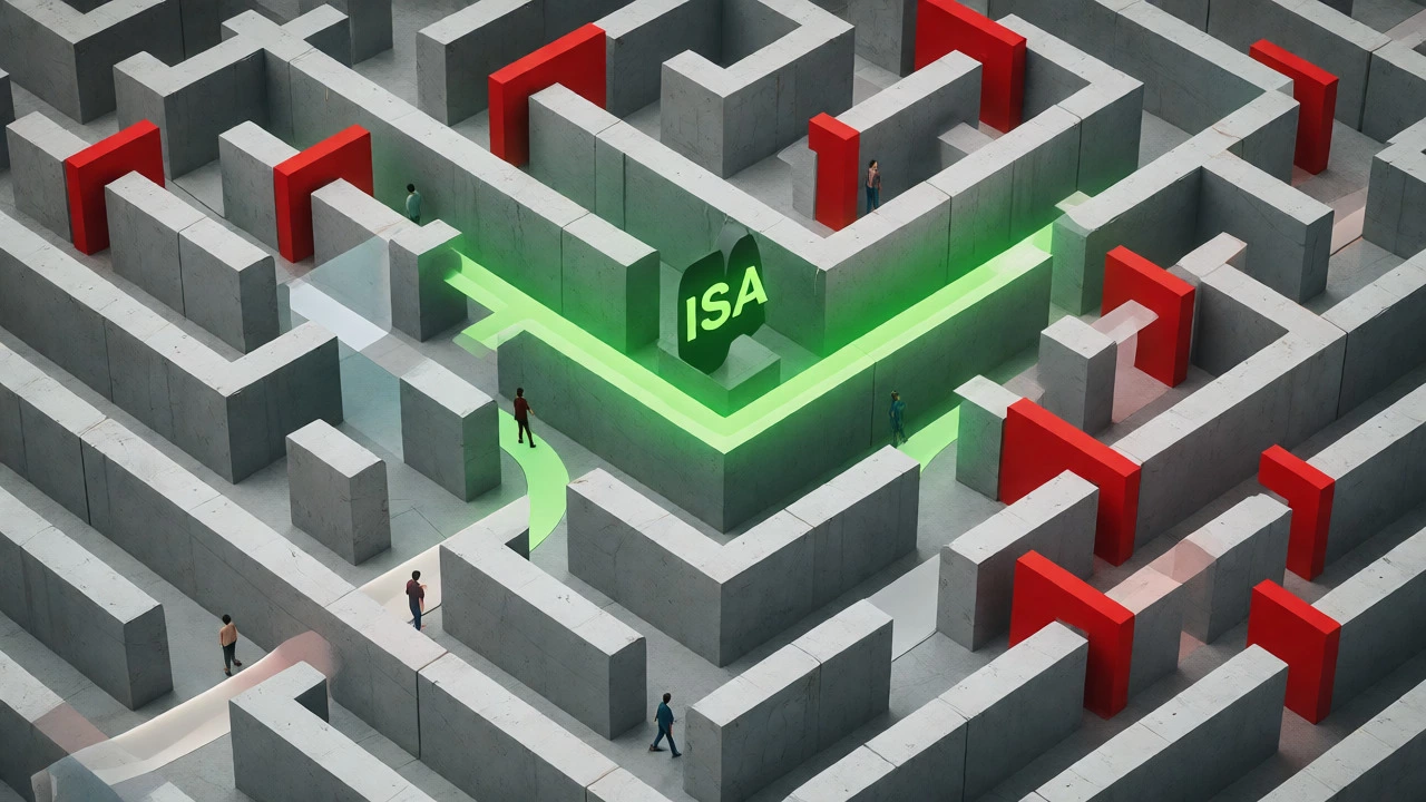 Isometric financial maze with dead ends, depicting ISA complexity and opportunity costs.