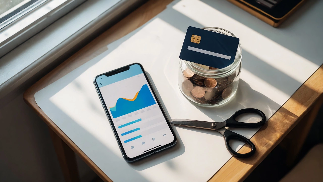 Overhead view of a desk with a phone, a credit card in a coin jar, and scissors.