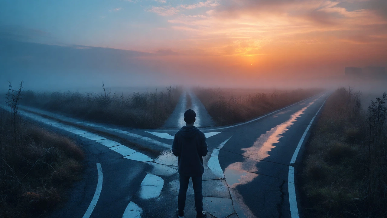 Person at a misty crossroads choosing between a clear road and a foggy trail