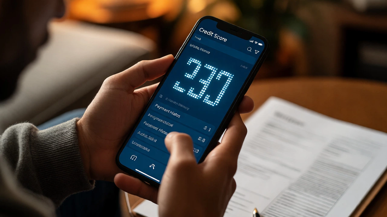 Person checking credit score on phone with mortgage docs nearby