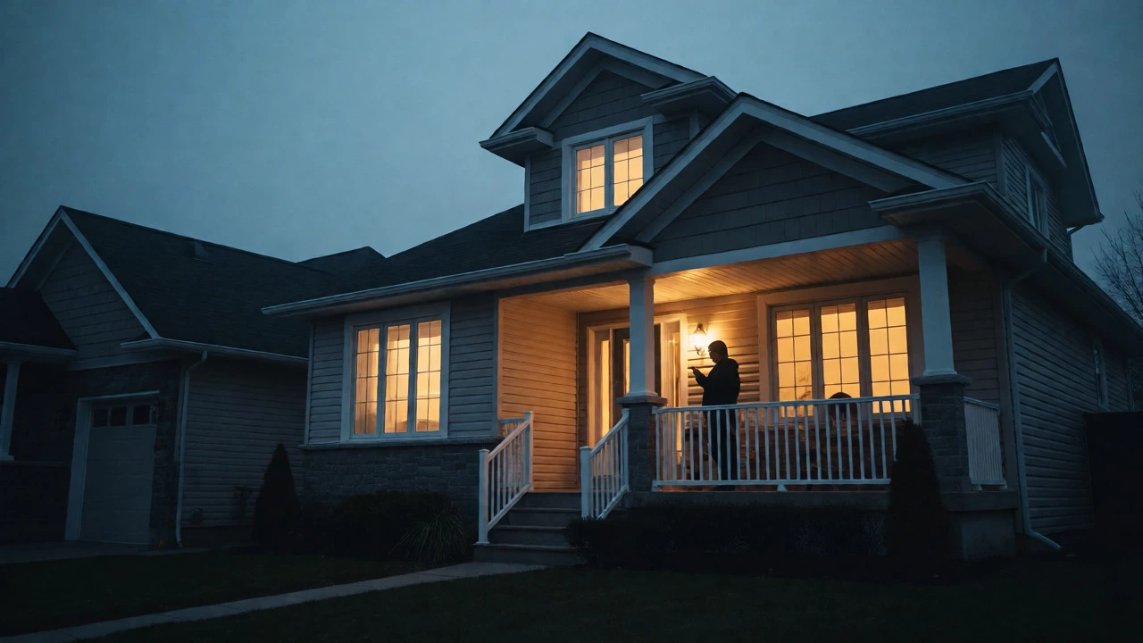 Person checking phone on porch of suburban home at twilight