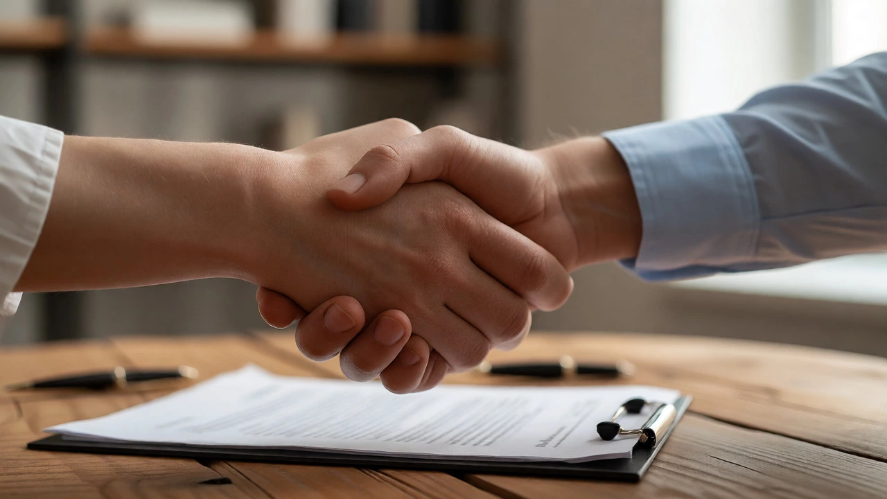 Professional handshake over a desk symbolizing a signed equity release agreement.