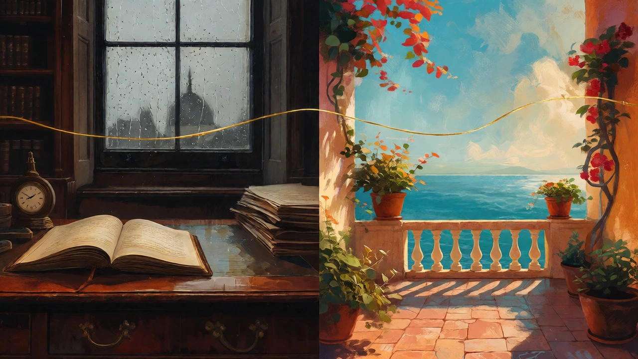 Split view of UK study and sunny abroad terrace linked by thread