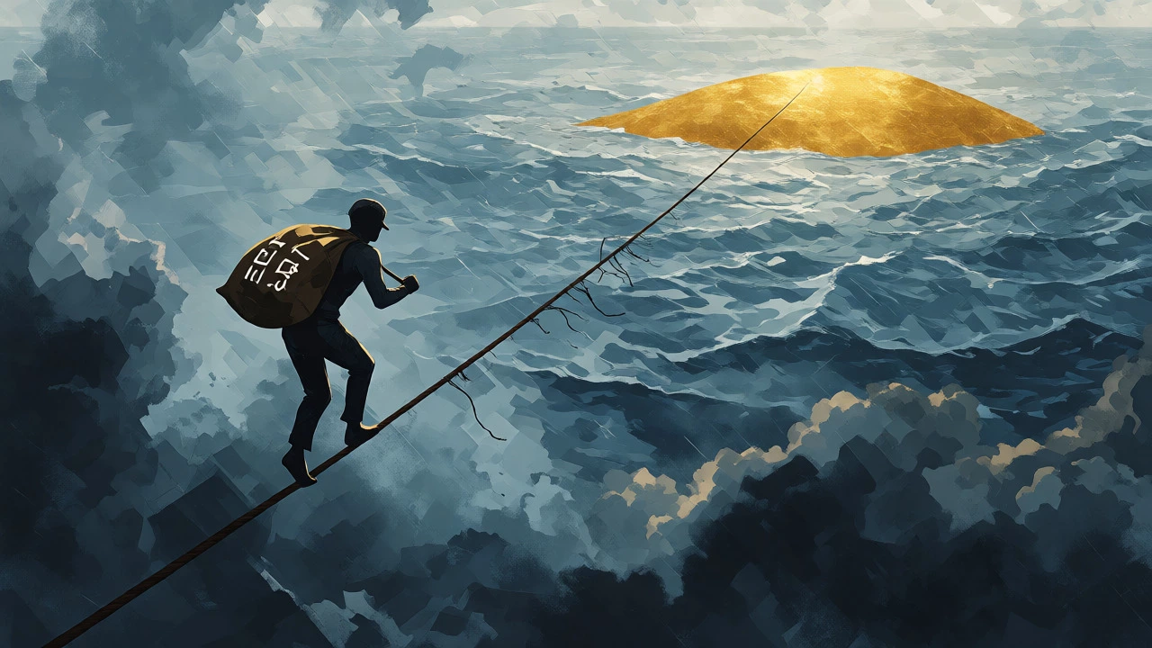 Tightrope walker balancing over stormy sea, symbolizing pension volatility.